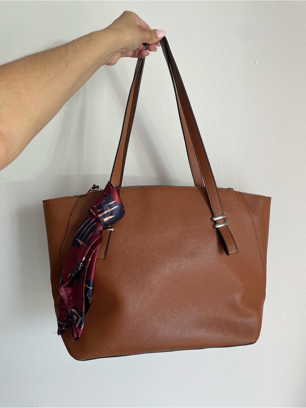 London Fog Cognac Faux Leather Tote Bag with Matching Twilly Scarf Accent